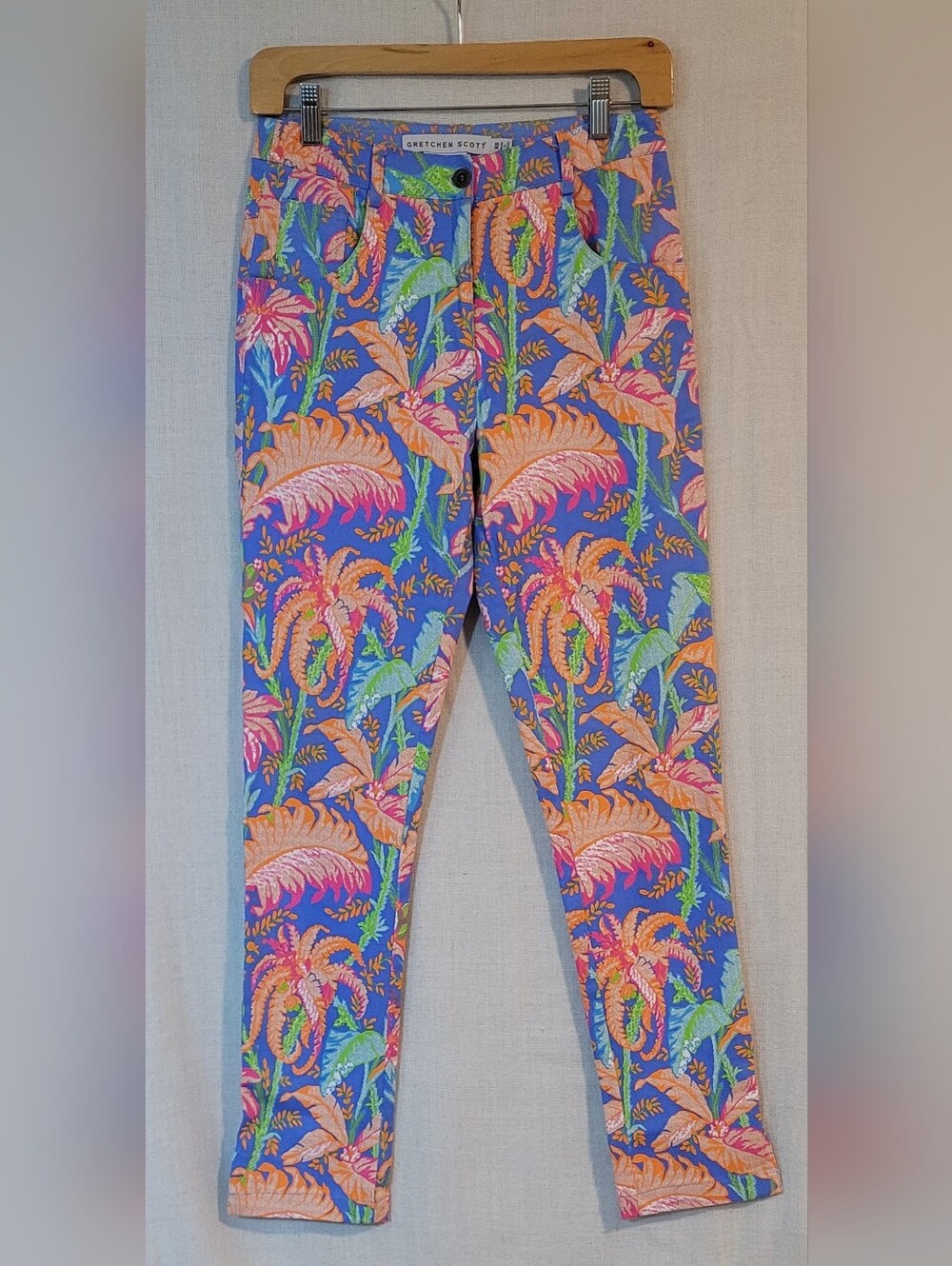 ​Gretchen Scott Tropical Palm Print Slim Crop Ankle Slit Pants XS